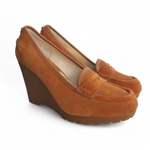 Michael Kors Rory Suede Wedge Penny Loafers Walnut Brown PW14E Women's 7M - Picture 4 of 12